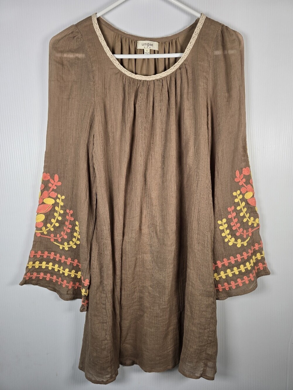 Umgee Brown Gauze‎ Boho Embroidered Bell Sleeve Dress Crocheted Neckline Size S
